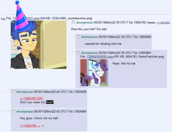 Size: 771x596 | Tagged: safe, derpibooru import, flash sentry, rarity, pony, unicorn, equestria girls, /mlp/, 4chan, 4chan party hat, brad, cute, exploitable meme, eyes closed, female, flash sentry savior of the universe, grin, hat, hat thief, lidded eyes, male, mare, meme, party hat, raribetes, smiling, smirk, squee, waifu thief