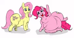Size: 678x348 | Tagged: artist needed, belly, big belly, chubby, chubby cheeks, derpibooru import, fat, fattershy, fluttershy, large butt, lazy, pinkie pie, plot, pudgy pie, sketch, smiling, suggestive, wide hips