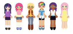 Size: 2942x1389 | Tagged: applejack, clothes, derpibooru import, diversity, edit, fluttershy, human, humanized, mane six, pinkie pie, rainbow dash, rarity, safe, simple background, twilight sparkle, white background