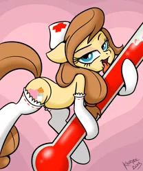 Size: 2000x2400 | Tagged: suggestive, artist:killryde, derpibooru import, oc, oc:cream heart, unofficial characters only, earth pony, pony, button's adventures, bedroom eyes, clothes, female, hat, looking at you, mare, milf, nurse, panties, solo, solo female, stockings, thermometer, thong, tongue out, underwear