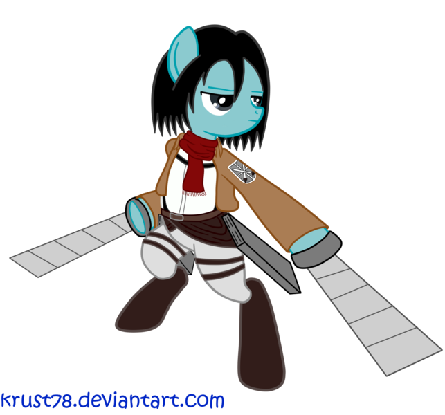 Size: 1500x1400 | Tagged: artist:krust78, attack on titan, derpibooru import, mikasa ackerman, oc, ponified, safe, semi-anthro, simple background, solo, sword, transparent background, unofficial characters only, weapon