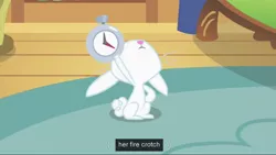 Size: 1023x576 | Tagged: a bird in the hoof, angel bunny, derpibooru import, meme, pocket watch, safe, screencap, solo, stopwatch, watch, youtube caption