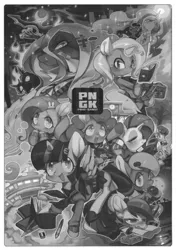 Size: 1731x2457 | Tagged: safe, artist:rikose, derpibooru import, applejack, bon bon, fluttershy, lyra heartstrings, pinkie pie, princess celestia, princess luna, queen chrysalis, rainbow dash, rarity, sweetie drops, trixie, twilight sparkle, twilight sparkle (alicorn), alicorn, pony, female, mane six, mare, monochrome, pngk poni-gaku!