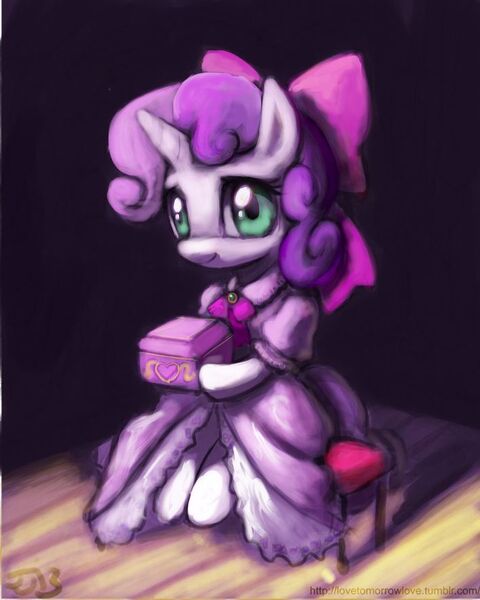 Size: 708x885 | Tagged: safe, artist:johnjoseco, artist:raikoh, derpibooru import, sweetie belle, unicorn, bow, box, clothes, cute, diasweetes, dress, female, filly, foal, hair bow, hoof hold, horn, looking at you, sitting, smiling, solo, stool