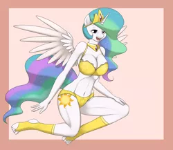 Size: 2074x1800 | Tagged: anthro, artist:hivelordlusa, artist:kloudmutt, barefoot, barefoot sandals, bedroom eyes, belly button, bra, breasts, busty princess celestia, cleavage, clothes, curvy, derpibooru import, edit, feet, female, lingerie, mask, masking, open mouth, panties, plantigrade anthro, ponyrumi, princess celestia, smiling, solo, solo female, spread wings, suggestive, underwear