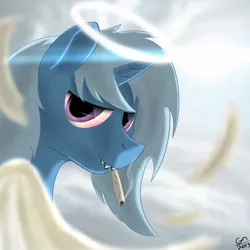 Size: 894x894 | Tagged: safe, artist:gamesadict, derpibooru import, trixie, pony, unicorn, female, halo, mare, rest in peace, solo, stoned trixie
