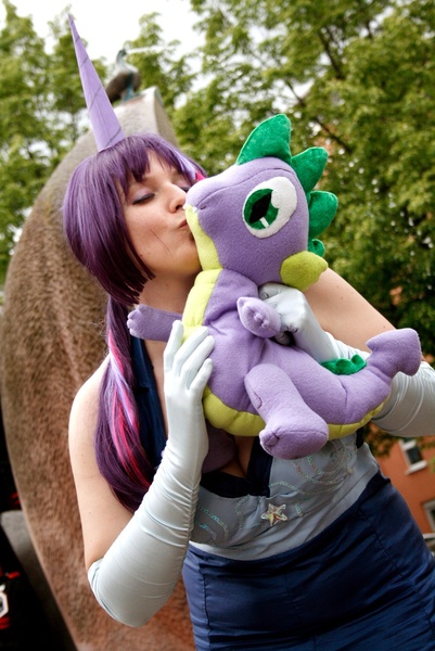 Size: 1068x1600 | Tagged: artist:eternal--moon, clothes, cosplay, derpibooru import, dress, evening gloves, female, gala dress, human, irl, irl human, kissing, male, merch kissing, photo, plushie, safe, shipping, solo, spike, spike plushie, straight, twilight sparkle