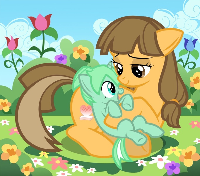 Size: 1000x879 | Tagged: safe, artist:hiina, derpibooru import, ponified, earth pony, pony, unicorn, colt, cute, cutie mark, eye contact, fei rune, flower, happy, heart, hoof hold, hug, inazuma eleven, inazuma eleven go, inazuma eleven go chrono stone, mochi, mother and son, nanobana kinako, open mouth, prone, smiling