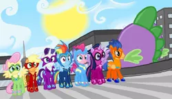 Size: 960x558 | Tagged: safe, derpibooru import, applejack, fili-second, flash sentry, fluttershy, masked matter-horn, mistress marevelous, pinkie pie, radiance, rainbow dash, rarity, saddle rager, spike, twilight sparkle, twilight sparkle (alicorn), zapp, alicorn, pony, season 4, city, exploitable meme, female, flash sentry savior of the universe, mane seven, mane six, mare, meme, power ponies, speculation