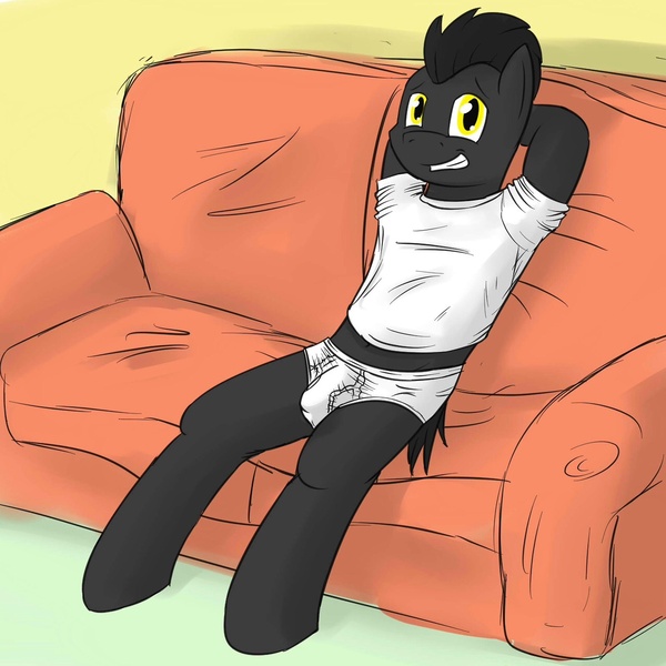 Size: 1280x1280 | Tagged: artist:fuzebox, briefs, clothes, couch, crotch bulge, derpibooru import, embarrassed, male, oc, pose, questionable, shirt, solo, solo male, tighty whities, undershirt, underwear, unofficial characters only