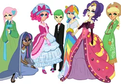 Size: 900x631 | Tagged: applejack, artist:emiline729, bindi, bowtie, clothes, dark skin, derpibooru import, dress, fluttershy, gala dress, hanbok, human, humanized, indian, korean, light skin, mane seven, mane six, pinkie pie, rainbow dash, rarity, safe, sari, spike, suit, tuxedo, twilight sparkle