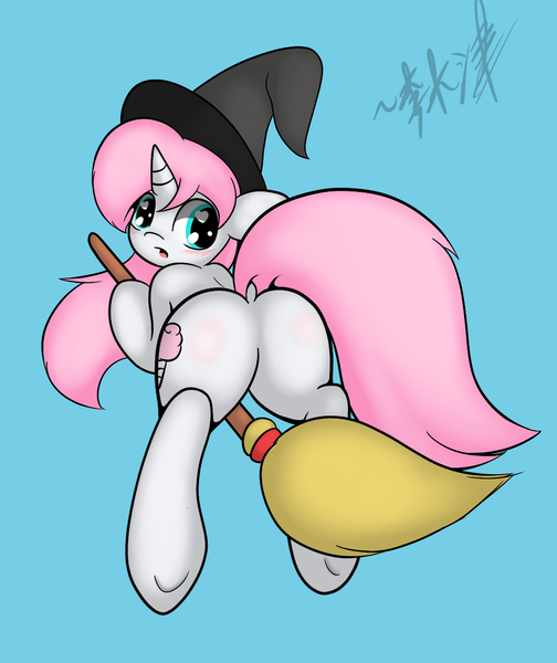 Size: 1050x1250 | Tagged: artist:lightningnickel, blushing, broom, clothes, costume, derpibooru import, dock, featureless crotch, female, flying, flying broomstick, halloween, hat, looking back, oc, oc:cotton candy, open mouth, plot, simple background, solo, solo female, suggestive, underhoof, unofficial characters only, witch, witch hat