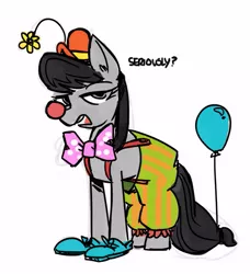 Size: 539x592 | Tagged: safe, artist:herny, derpibooru import, octavia melody, earth pony, pony, balloon, clothes, clown, clown nose, clown shoes, costume, dressup, featured image, female, hat, image, jpeg, lidded eyes, looking at you, mare, octavia is not amused, one word, open mouth, shoes, simple background, solo, suspenders, unamused, white background