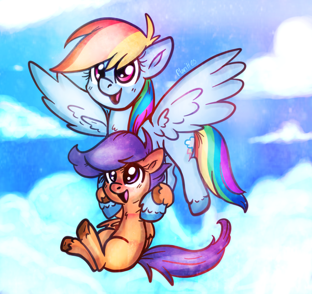 Size: 3476x3275 | Tagged: artist:flarities, derpibooru import, flying, rainbow dash, safe, scootaloo, scootalove