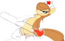 Size: 544x345 | Tagged: suggestive, artist:cosmos jester, derpibooru import, oc, oc:cream heart, unofficial characters only, earth pony, pony, animated, bipedal, clothes, costume, female, innuendo, mare, milf, nurse, solo, solo female, thermometer
