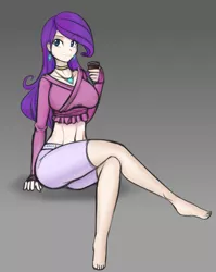 Size: 817x1024 | Tagged: artist:scorpdk, barefoot, belly button, breasts, busty rarity, clothes, derpibooru import, feet, female, human, humanized, light skin, midriff, rarity, safe, shorts, sitting, smiling, solo, wine glass