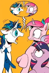 Size: 366x549 | Tagged: safe, derpibooru import, princess cadance, shining armor, twilight sparkle, pony, unicorn, spoiler:comic, droste effect, exploitable meme, female, filly, floppy ears, looking at each other, meme, necktie, open mouth, orange background, photoshop, raised hoof, recursion, screaming armor, shrunken pupils, simple background, speech bubble, younger