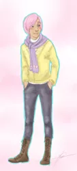 Size: 600x1328 | Tagged: artist:melodicmadness, butterscotch, clothes, derpibooru import, fluttershy, human, humanized, light skin, rule 63, safe, solo, sweater, sweatershy