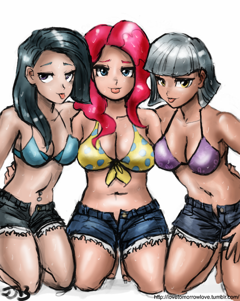 Size: 680x850 | Tagged: suggestive, artist:johnjoseco, artist:michos, color edit, derpibooru import, edit, limestone pie, marble pie, pinkie pie, human, belly button, bellyring, breasts, busty limestone pie, busty marble pie, busty pie sisters, busty pinkie pie, cleavage, clothes, colored, curvy, daisy dukes, female, females only, hot pants, humanized, light skin, midriff, pie sisters, piercing, tongue out
