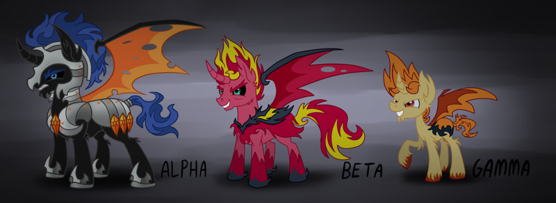 Size: 1477x541 | Tagged: safe, artist:wolframclaws, derpibooru import, flash sentry, snails, sunset shimmer, ponified, alicorn, bat pony, bat pony alicorn, demon, pony, corrupted, equestria girls ponified, prince flash sentry, snailsicorn, sunset satan