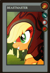 Size: 295x426 | Tagged: animated, applejack, artist:yudhaikeledai, beastmaster, derpibooru import, dota 2, grin, hair over one eye, hood, part of a series, part of a set, ponified dota 2 cards, safe, smiling, solo, squee, yay