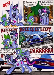 Size: 1280x1772 | Tagged: safe, artist:newyorkx3, derpibooru import, spike, twilight sparkle, twilight sparkle (alicorn), alicorn, dragon, pony, comic:twilight and the big city, bag, buick, cadillac, car, comic, female, glowing horn, horn, levitation, magic, magic aura, male, mare, mercedes-benz, running, saddle bag, telekinesis, traditional art