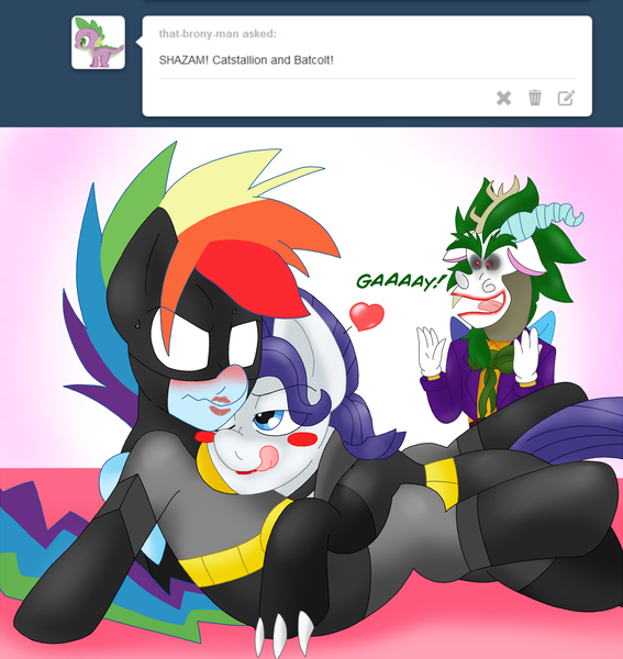 Size: 1751x1854 | Tagged: artist:blackbewhite2k7, ask, batman, catwoman, crossover, cuddling, derpibooru import, discord, elusive, gay, jokercord, kiss mark, lipstick, male, rainbow blitz, rainbow dash, raridash, rarity, rule 63, shipping, snuggling, suggestive, the joker, tumblr