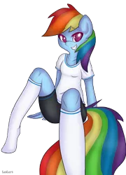Size: 2400x3336 | Tagged: anthro, artist:leslers, bedroom eyes, clothes, female, missing shoes, rainbow dash, socks, solo, solo female, suggestive, thigh highs