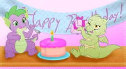 Size: 1505x832 | Tagged: artist:scorpio-gustavo, cake, derpibooru import, dragon, oc, oc:jade, safe, spike, text