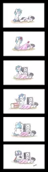 Size: 475x1680 | Tagged: safe, artist:bobthedalek, derpibooru import, octavia melody, vinyl scratch, earth pony, pony, unicorn, blanket, cardboard cutout, comic, duo, female, prank, sleeping, speaker