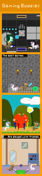 Size: 440x1820 | Tagged: 8-bit, artist:zztfox, button mash, derpibooru import, female, male, minecraft, pikmin, portal, safe, shipping, straight, sweetie belle, sweetiemash