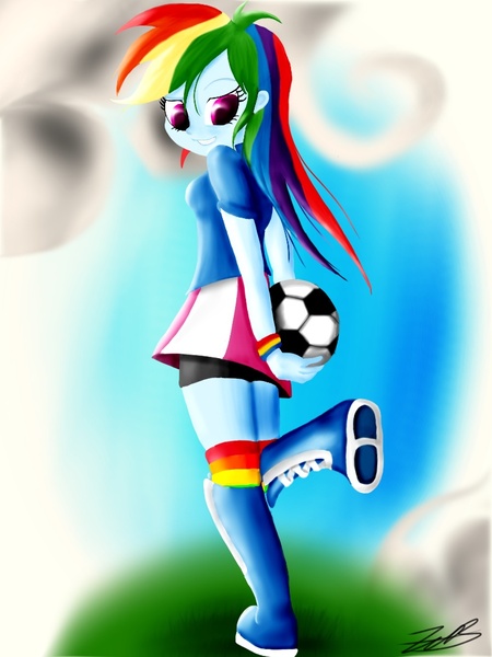 Size: 768x1024 | Tagged: safe, artist:jabbie64, derpibooru import, rainbow dash, equestria girls, clothes, football, looking back, looking down, raised leg, signature, skirt, solo, sports