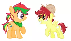 Size: 930x540 | Tagged: safe, artist:unoriginai, derpibooru import, oc, oc:dusty, oc:zapple, unofficial characters only, pegasus, pony, brothers, colt, duo, earth, hat, magical lesbian spawn, male, offspring, parent:apple bloom, parent:scootaloo, parents:scootabloom, simple background, straw hat, white background