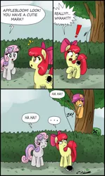 Size: 1823x3051 | Tagged: apple bloom, artist:ciriliko, comic, creeper, cutie mark crusaders, prank, safe, scootaloo, spider, sweetie belle, tree, zas