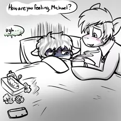 Size: 720x720 | Tagged: safe, artist:deyogee, derpibooru import, ponified, pony, 3ds, achievement hunter, bed, blanket, blushing, box, cup, dialogue, drink, gavin free, male, michael jones, monochrome, pillow, rooster teeth, sick, sketch, soup, stallion, tissue, tissue box