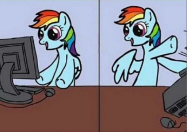 Size: 610x430 | Tagged: safe, derpibooru import, rainbow dash, pegasus, pony, computer, happy, lol no, lolno, nope