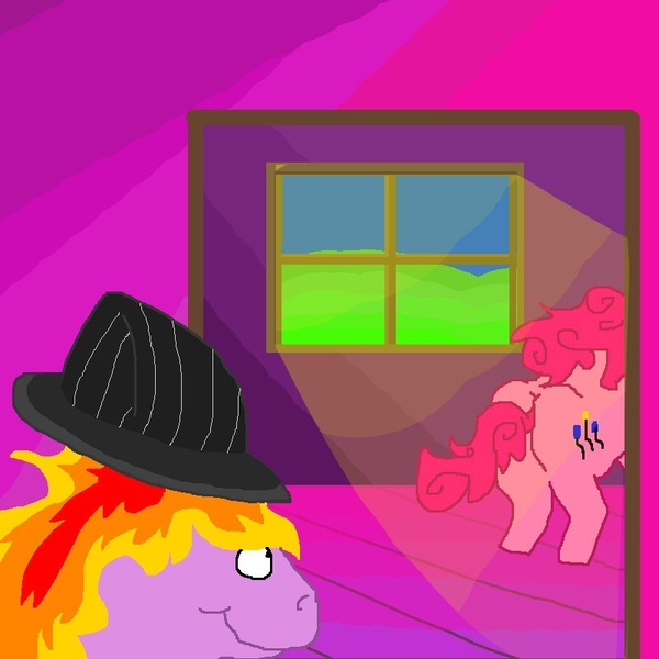 Size: 800x800 | Tagged: semi-grimdark, suggestive, artist:pewdie-pinkiepie, derpibooru import, pinkie pie, oc, oc:clarance, earth pony, pony, /mlp/, 4chan, butt, canon x oc, clarence, creepy, dat butt, fedora, female, hat, imminent rape, imminent sex, implied rape, mare, meme, ms paint, plot, stalker, the ass was fat, wat, why