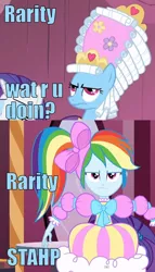 Size: 412x720 | Tagged: safe, derpibooru import, edit, edited screencap, screencap, rainbow dash, rarity, equestria girls, swarm of the century, clothes, dress, dressup, image macro, implied rarity, mare antoinette, marie antoinette, rainbow dash always dresses in style, rainbow dash is not amused, stahp, this is our big night, unamused