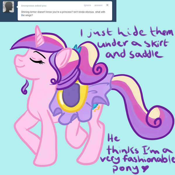 Size: 1000x1000 | Tagged: artist:kuromi, ask, clothes, princess cadance, saddle, safe, solo, teen princess cadance, tumblr