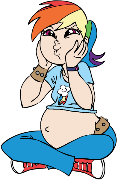 Size: 588x895 | Tagged: artist:megasweet, belly, belly button, big belly, chubby cheeks, clothes, converse, dashface, human, humanized, light skin, preggo dash, pregnant, pregnant edit, rainbow dash, safe, shoes, solo