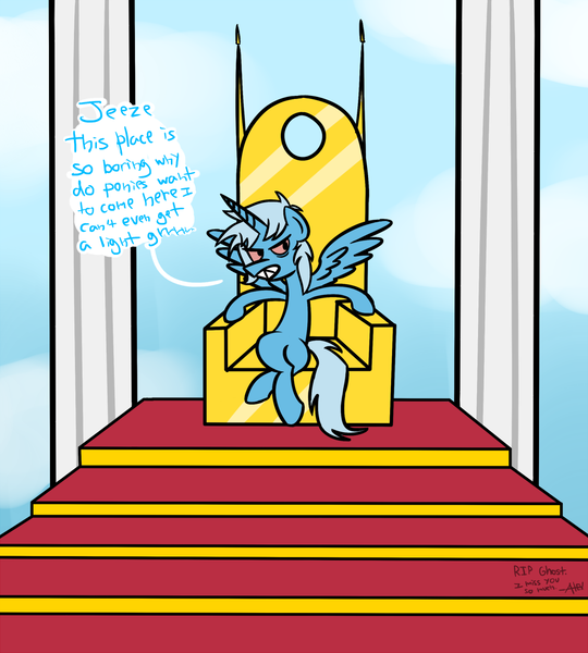 Size: 1128x1254 | Tagged: safe, artist:alex, derpibooru import, trixie, alicorn, pony, unicorn, afterlife, alicornified, drugs, female, goddess, heaven, mare, race swap, solo, stoned trixie, throne, trixiecorn