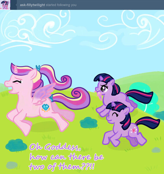 Size: 1000x1060 | Tagged: artist:kuromi, ask, clones, derpibooru import, doppleganger, feather, filly, filly twilight sparkle, parallel universe, princess cadance, safe, teen princess cadance, tumblr, twilight sparkle, younger