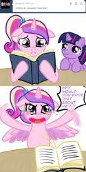 Size: 1000x2000 | Tagged: safe, artist:kuromi, derpibooru import, princess cadance, twilight sparkle, alicorn, unicorn, fanfic, ask, book, comic, crying, filly, filly twilight sparkle, fourth wall, reaction to own portrayal, teen princess cadance, tumblr, twilight loves fanfiction, unicorn twilight