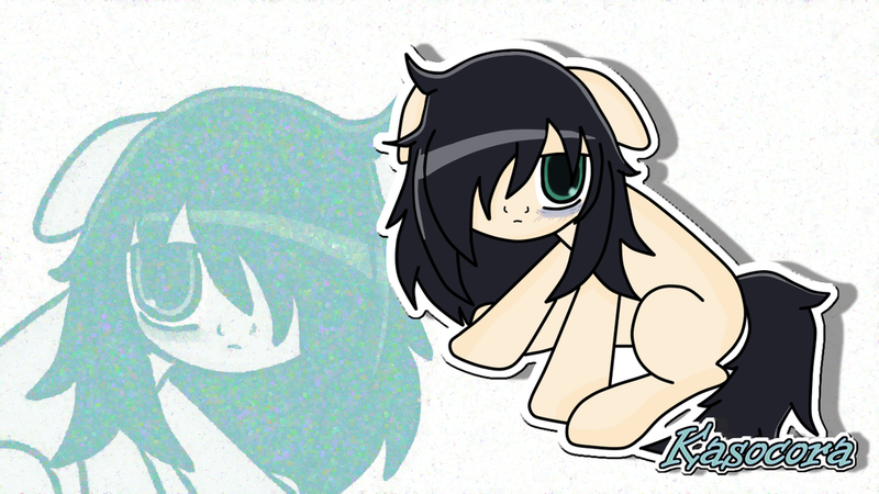 Size: 1024x576 | Tagged: safe, artist:kasocora, derpibooru import, ponified, earth pony, pony, bags under eyes, blank flank, female, floppy ears, hair over one eye, mare, messy mane, signature, sitting, solo, tomoko kuroki, watamote