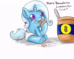 Size: 999x799 | Tagged: safe, artist:mare--in--the--moon, derpibooru import, trixie, pony, baby, baby pony, cute, diaper, foal, food, hoof licking good, jar, messy, peanut butter, peanut butter crackers, solo