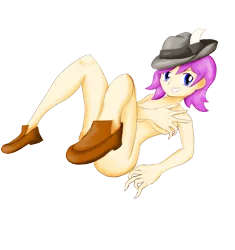 Size: 1600x1699 | Tagged: breasts, clothes, derpibooru import, female, human, mlp tan, nudity, shoes, shoes only, smiling, solo, solo female, strategically covered, suggestive, teasing
