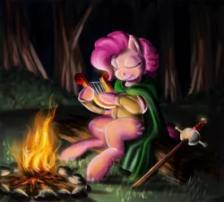 Size: 1700x1530 | Tagged: artist:drizzthunter, cloak, clothes, derpibooru import, fire, lyre, musical instrument, night, pinkie pie, safe, solo, sword, weapon