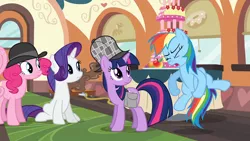 Size: 1280x720 | Tagged: safe, derpibooru import, screencap, pinkie pie, rainbow dash, rarity, twilight sparkle, earth pony, pegasus, pony, unicorn, mmmystery on the friendship express, bowler hat, cake, deerstalker, female, food, hat, implied clopping, mare, out of context, saddle bag, unicorn twilight