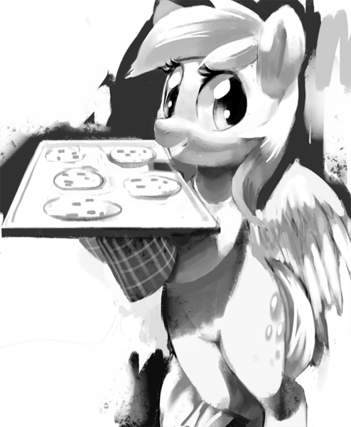 Size: 658x800 | Tagged: safe, artist:mewball, derpibooru import, derpy hooves, pony, baking, bipedal, cookie, cooking, food, monochrome, solo