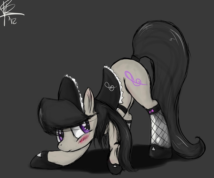 Size: 4200x3500 | Tagged: suggestive, artist:peperoger, derpibooru import, octavia melody, earth pony, pony, blushing, clothes, face down ass up, female, fishnets, frown, looking back, maid, paint tool sai, presenting, saddle, simple background, solo, solo female, tack, tail wrap, transparent background